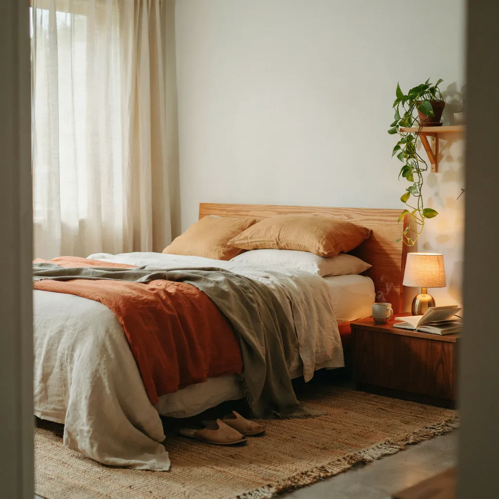 Earthy organic linen layered bed in terracotta and olive green tones cozy bedroom