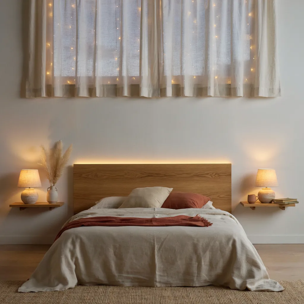 Warm amber layered lighting sanctuary with fairy lights and ceramic bedside lamps cozy bedroom