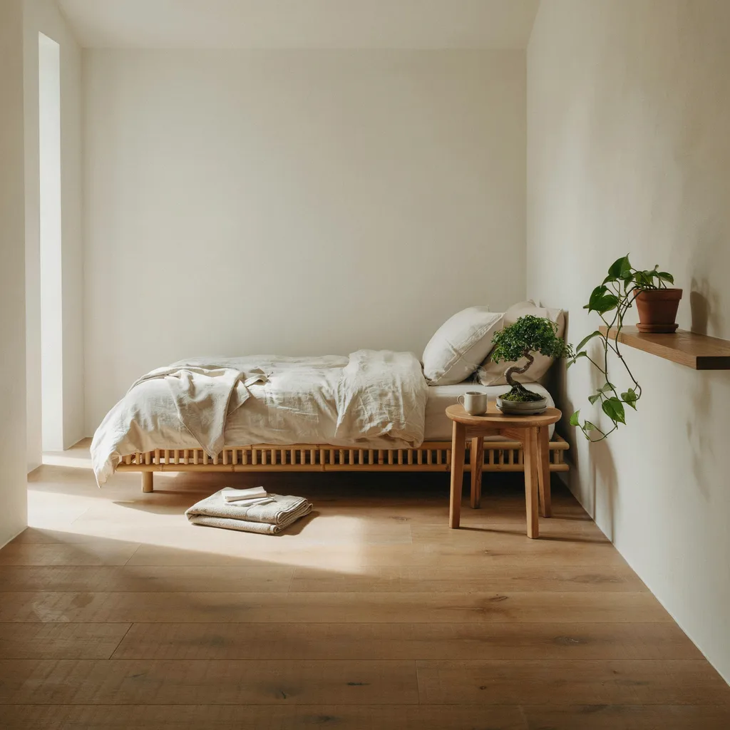 Japandi minimalist cozy bedroom with low bamboo platform bed and cream organic cotton bedding