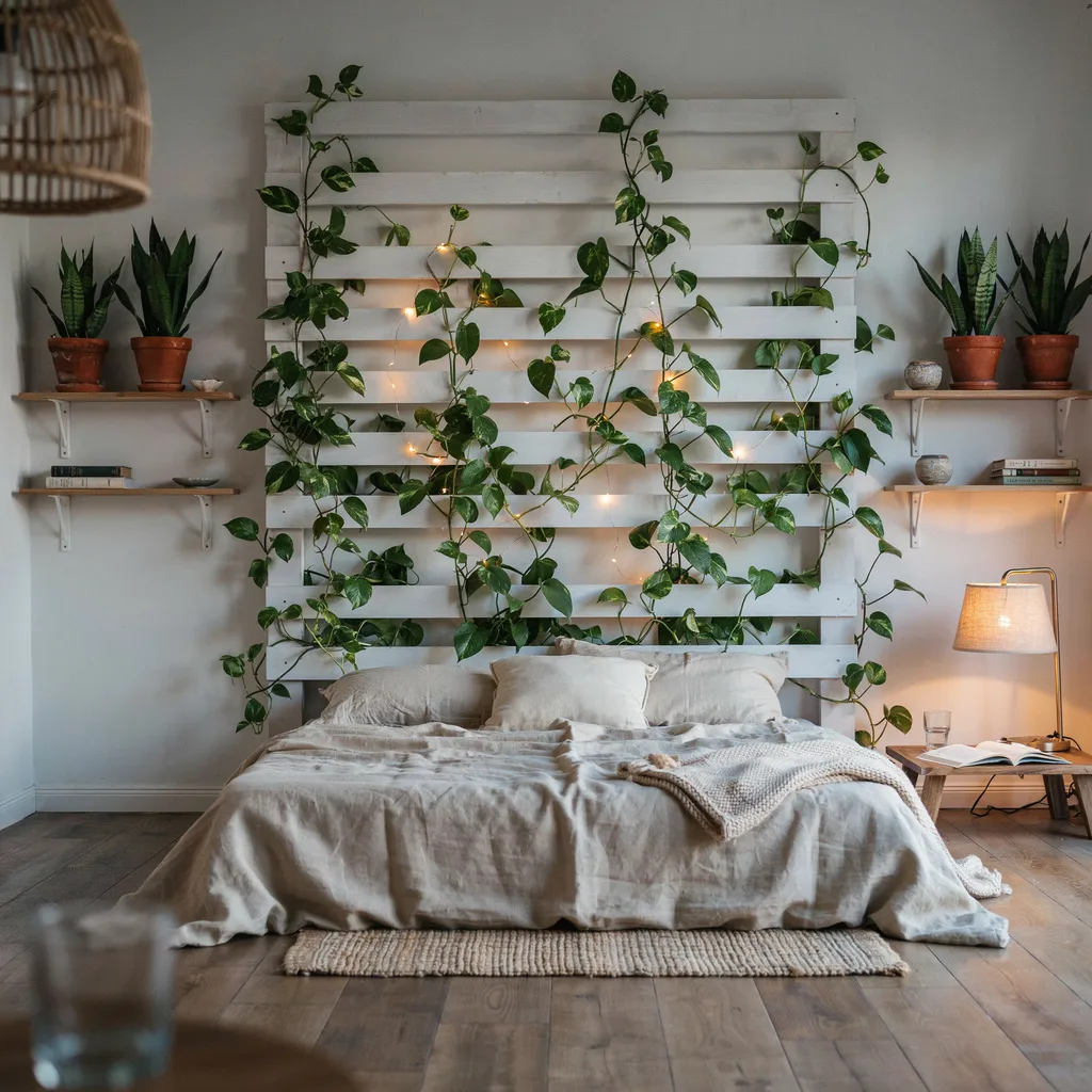 Biophilic botanical living wall with trailing ivy and pothos vines over white headboard cozy bedroom