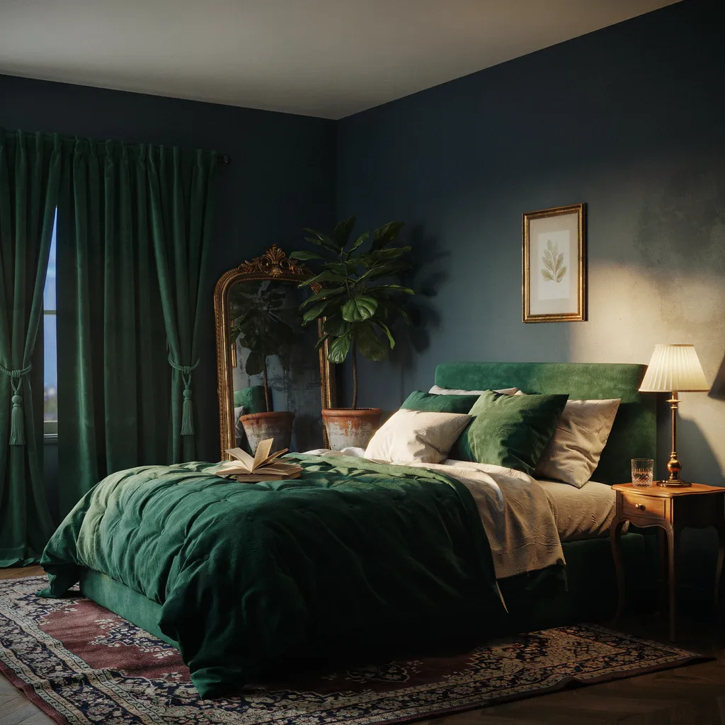 Velvet jewel tone cocoon bedroom with deep navy walls and emerald green velvet duvet