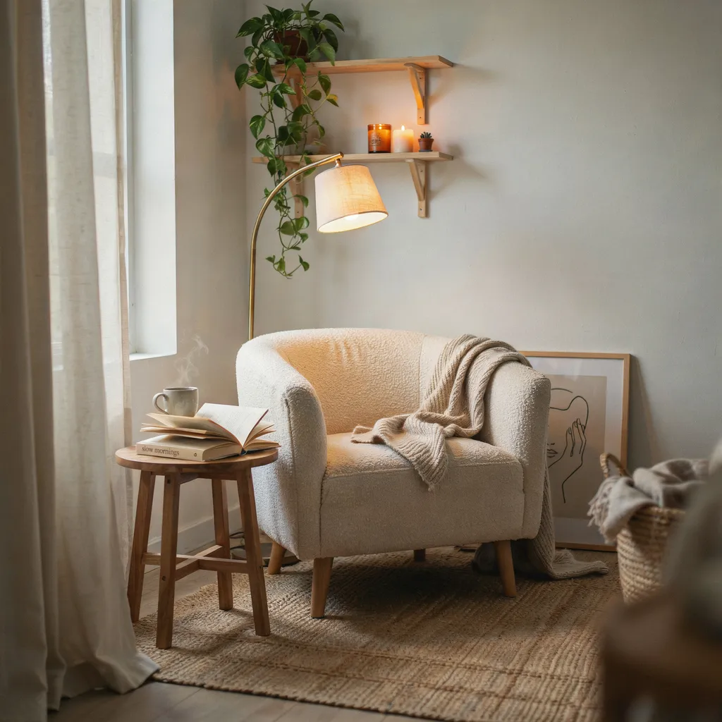 Modern boucle reading nook corner with cream armchair brass floor lamp and floating shelves cozy bedroom
