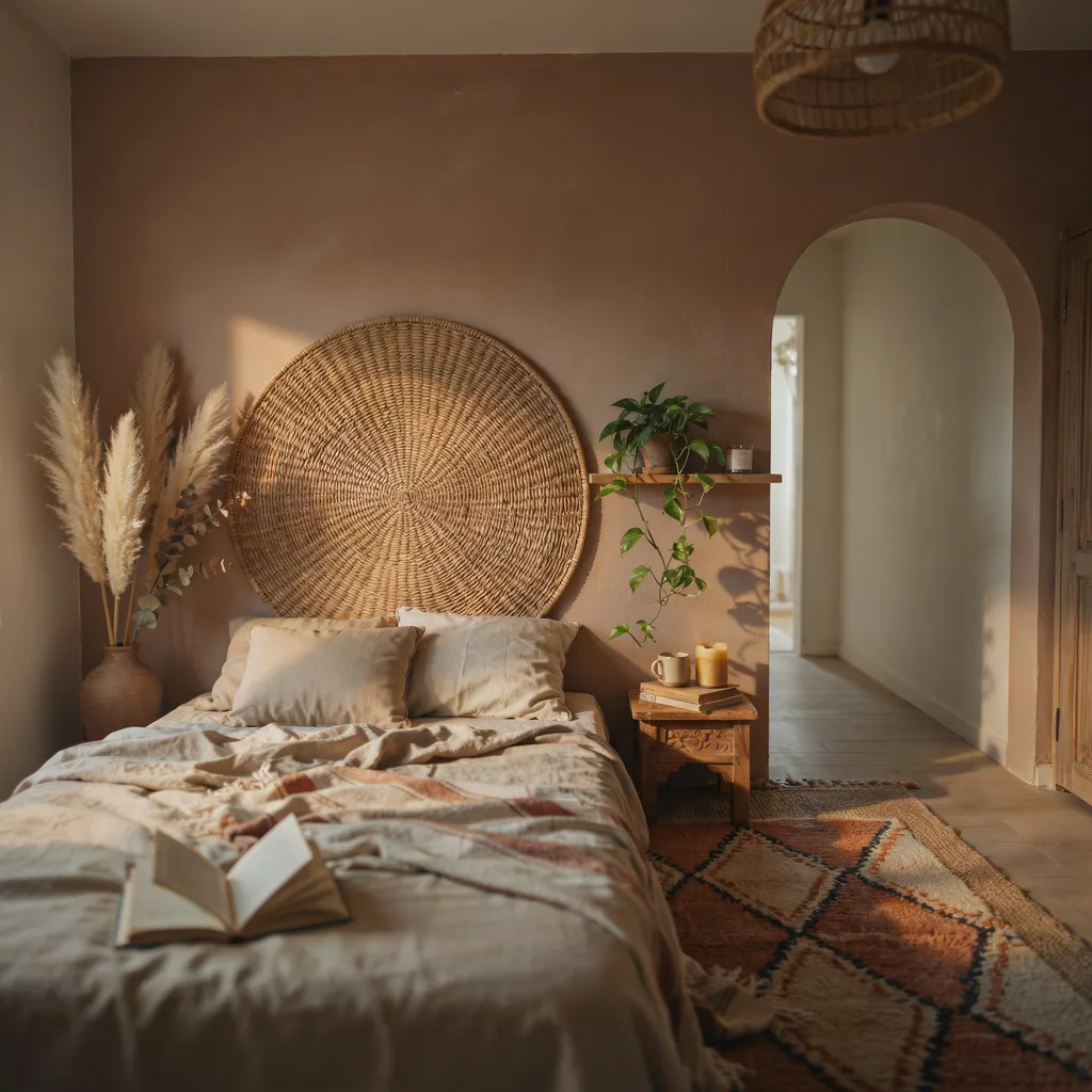 Woven rattan bohemian bedroom with pampas grass terracotta vase and layered Moroccan rug
