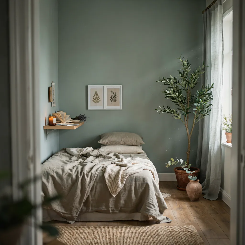 Monochromatic soft sage green cozy bedroom with olive linen bedding and tall indoor olive tree