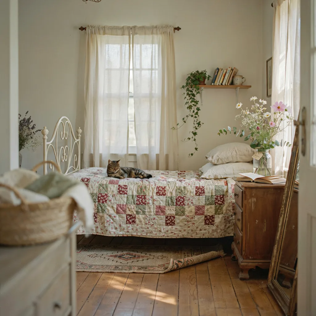 Cottagecore vintage patchwork bedroom with white wrought iron bed frame and floral quilt