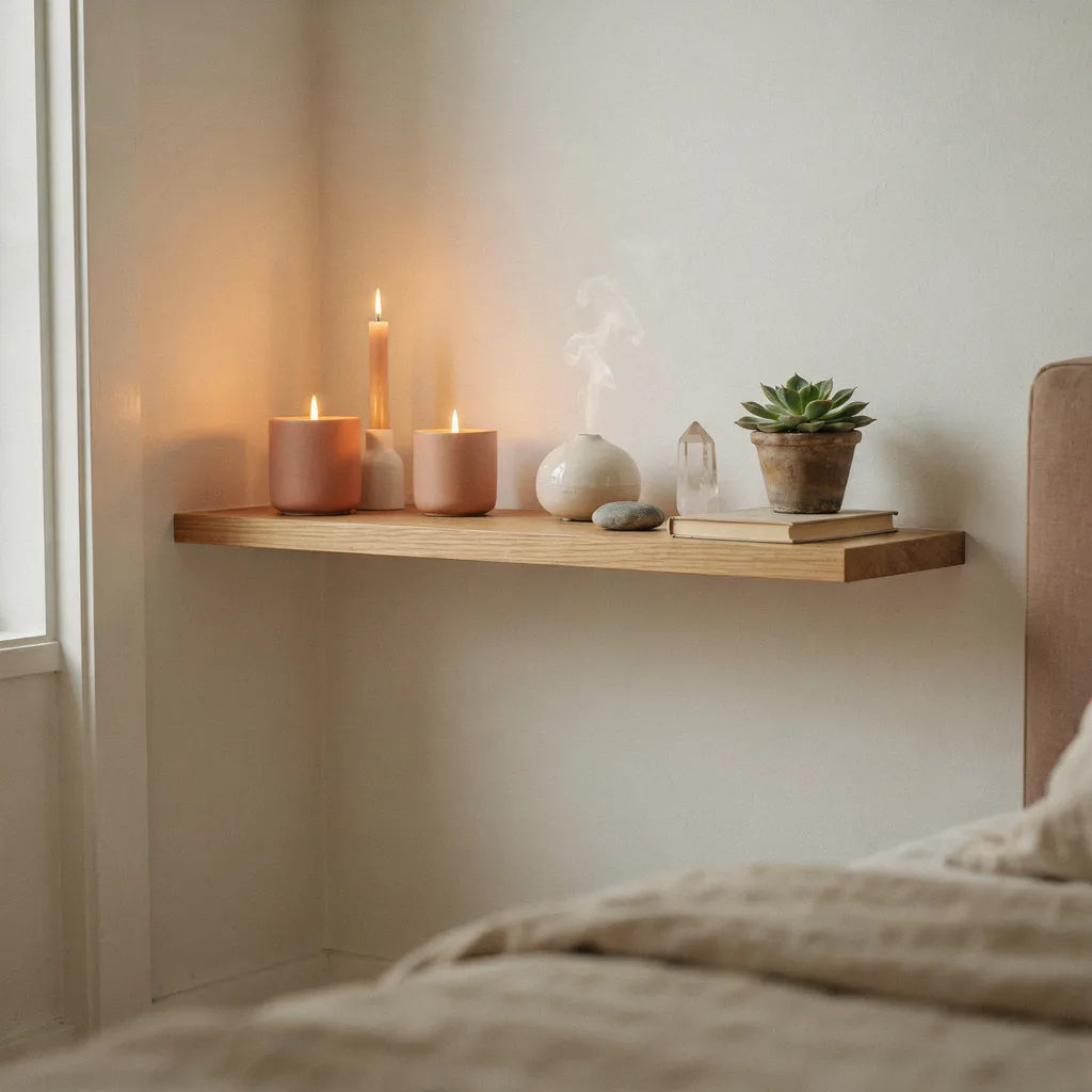 Modern floating oak nightstand wellness vignette with beeswax candles and ceramic essential oil diffuser
