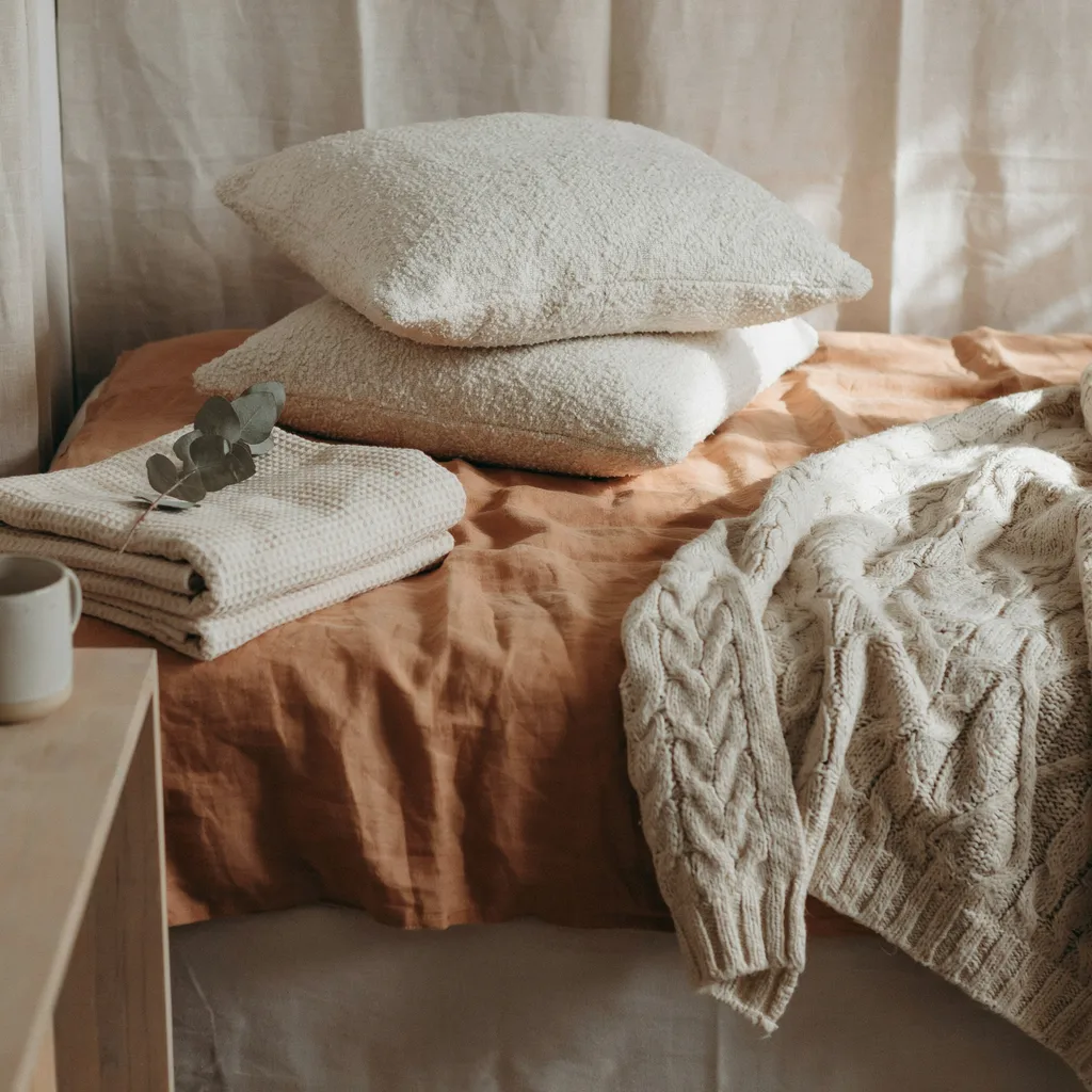 Oversized chunky cream knit blanket layered over organic terracotta linen bedding cozy bedroom