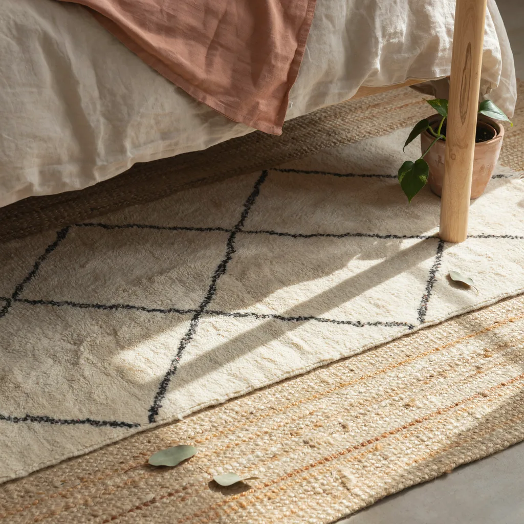 Layered natural jute and Moroccan wool rug base adding warmth and depth to cozy bedroom floor