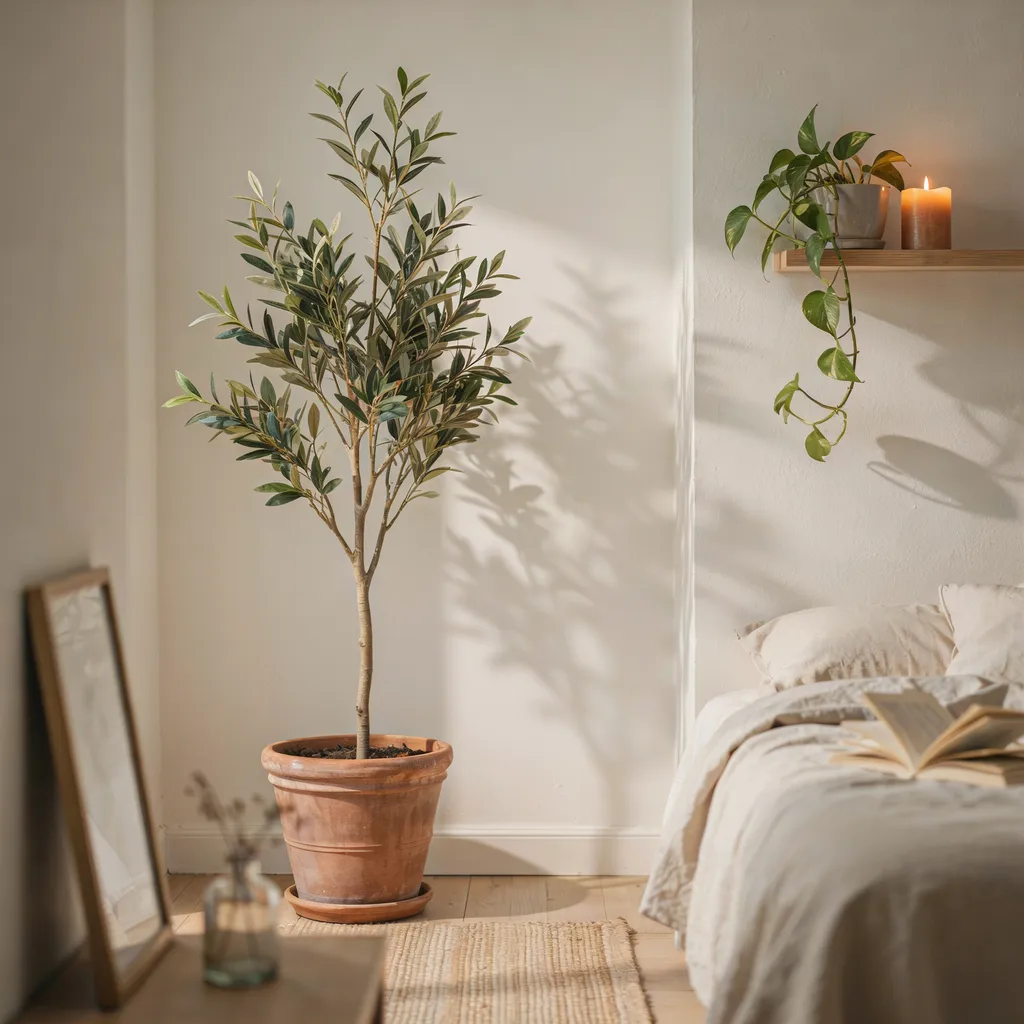 Tall indoor olive tree in terracotta pot biophilic statement plant corner cozy modern bedroom