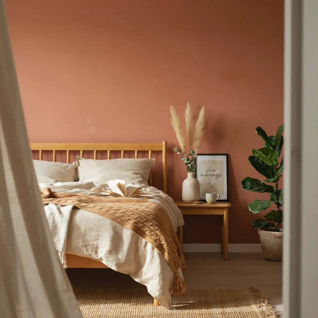 earthy terracotta cozy bedroom aesthetic with linen bedding
