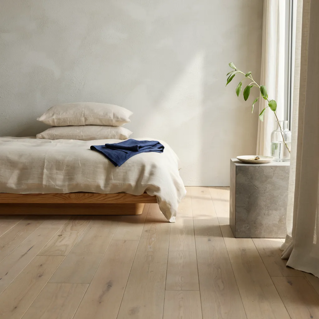 Japandi minimalist cozy room with bamboo bed and cream bedding
