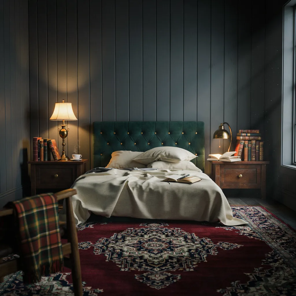 dark academia cozy bedroom with emerald velvet and brass lamps
