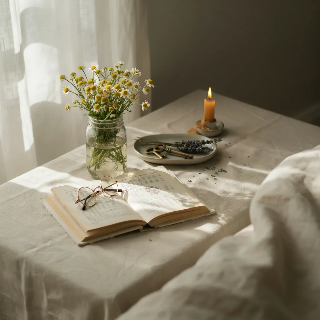 chamomile stems in glass mason jar cottagecore bedroom nightstand