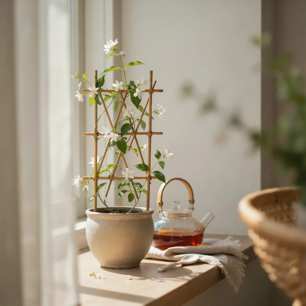 White jasmine plant on floating shelf home decor