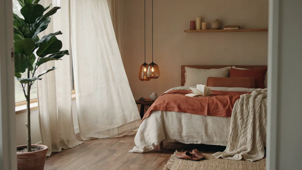 Warm cozy room aesthetic bedroom with amber lighting earth tones and natural textures