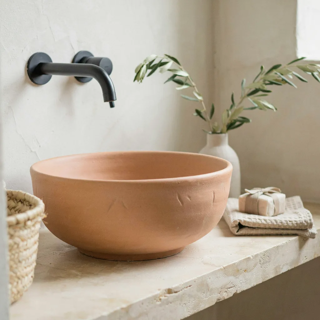 Terracotta vessel sink on a stone countertop