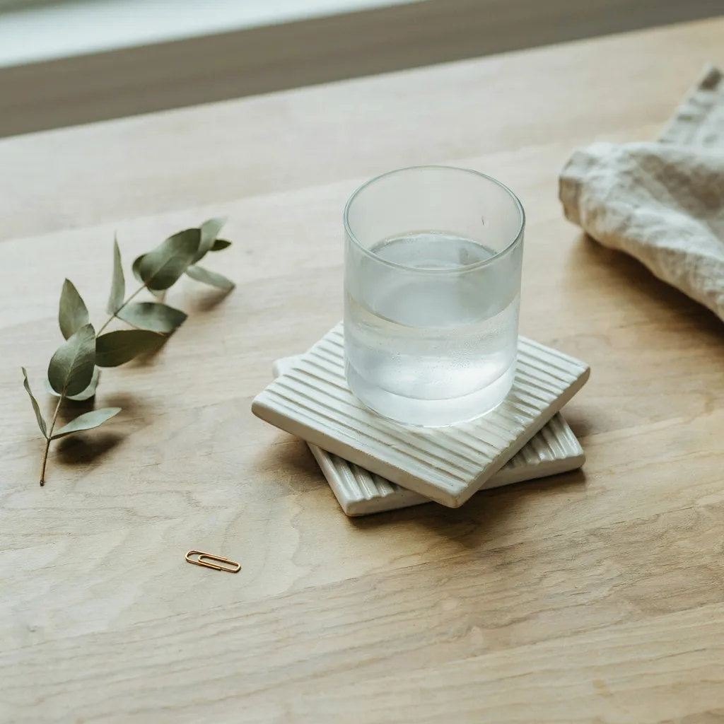 Ribbed clay coasters on a bathroom vanity
