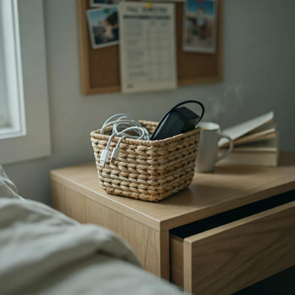 Woven seagrass basket for cord storage