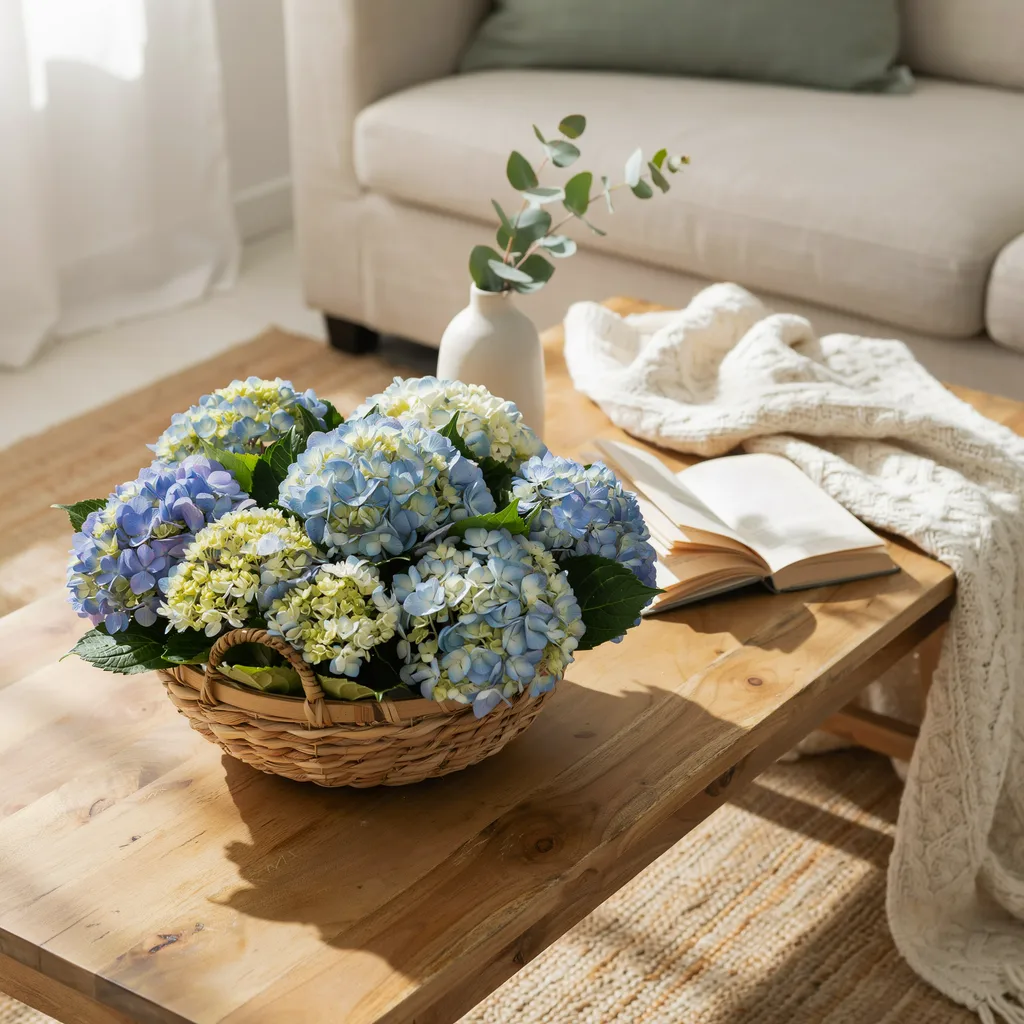 Blue hydrangeas in woven basket cozy home aesthetic