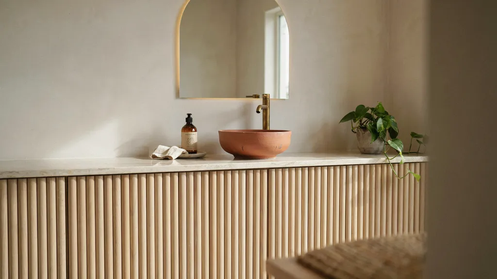 Modern bathroom with fluted wood vanity and brass fixtures