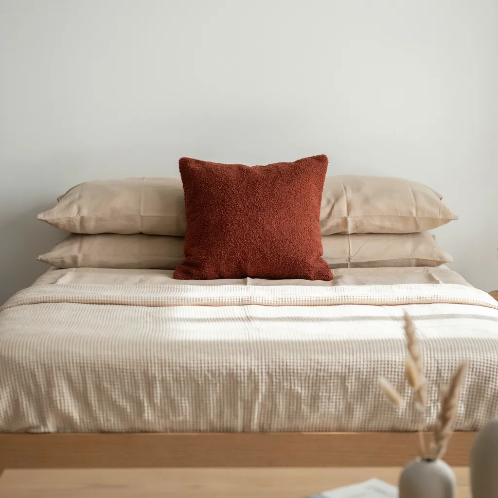 Single deep terracotta boucle throw pillow centered in front of oat percale sleeping pillows on cream waffle duvet twin XL dorm bed