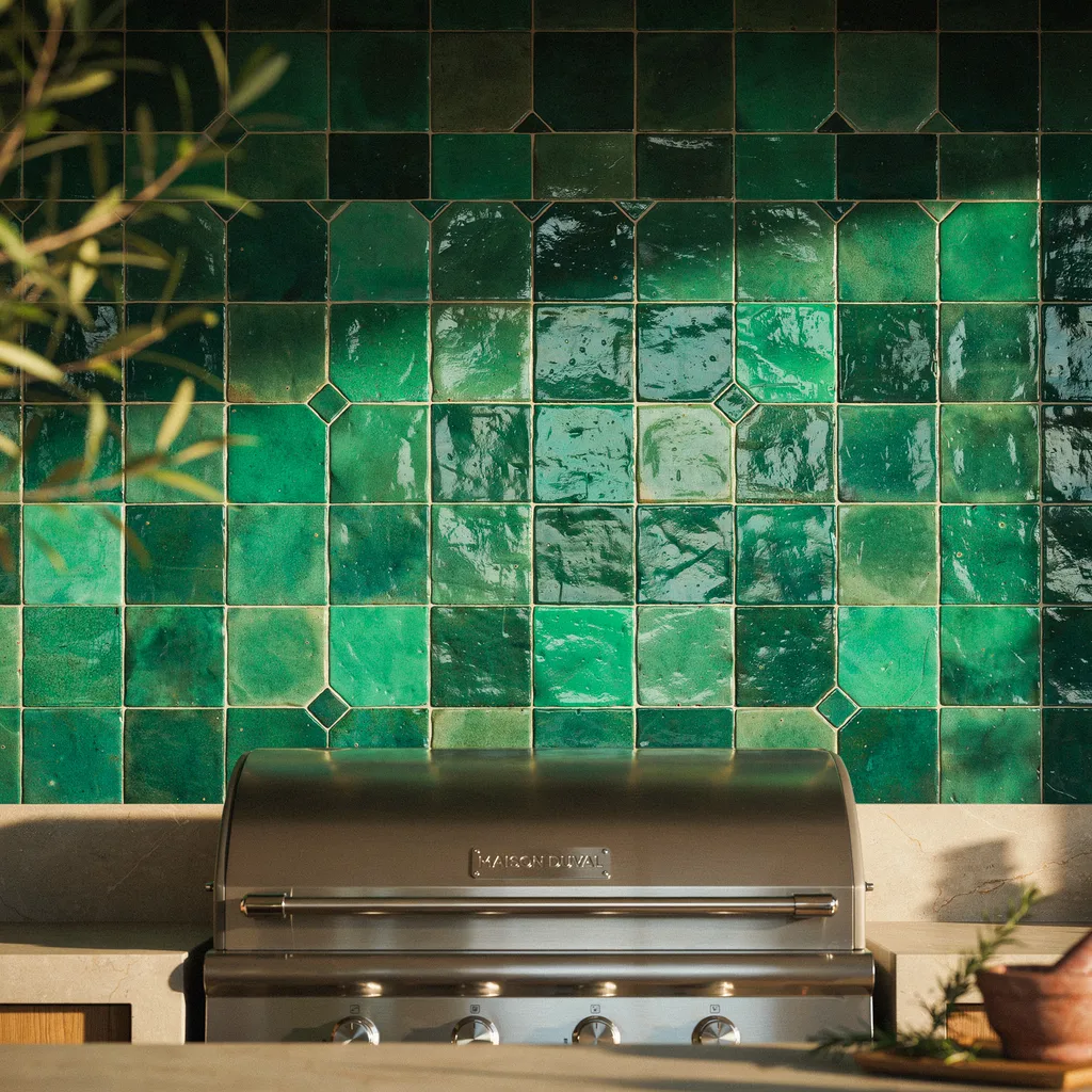 Emerald green Moroccan Zellige tile backsplash behind outdoor kitchen grill