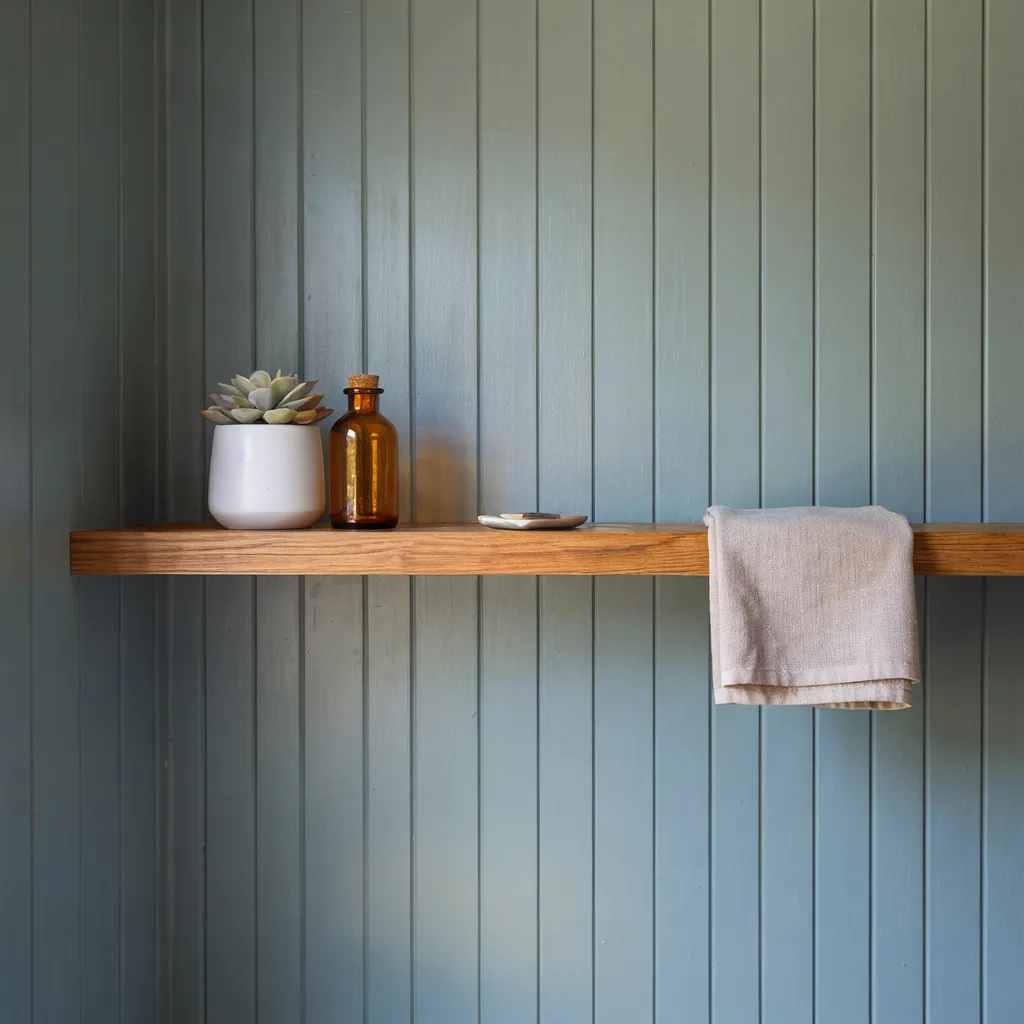 Vertical sage shiplap small bathroom wall