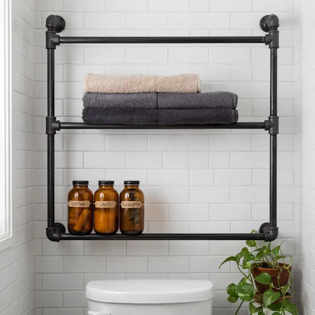 Industrial pipe shelving in small bathroom