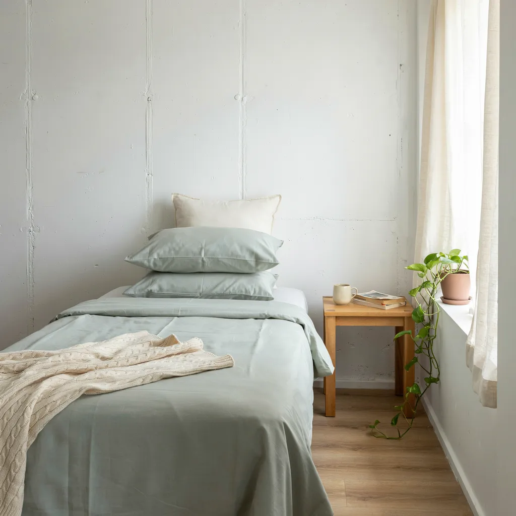 Matching sage green cotton duvet cover and pillowcases on twin XL dorm bed with cream Euro pillow and ivory chunky throw