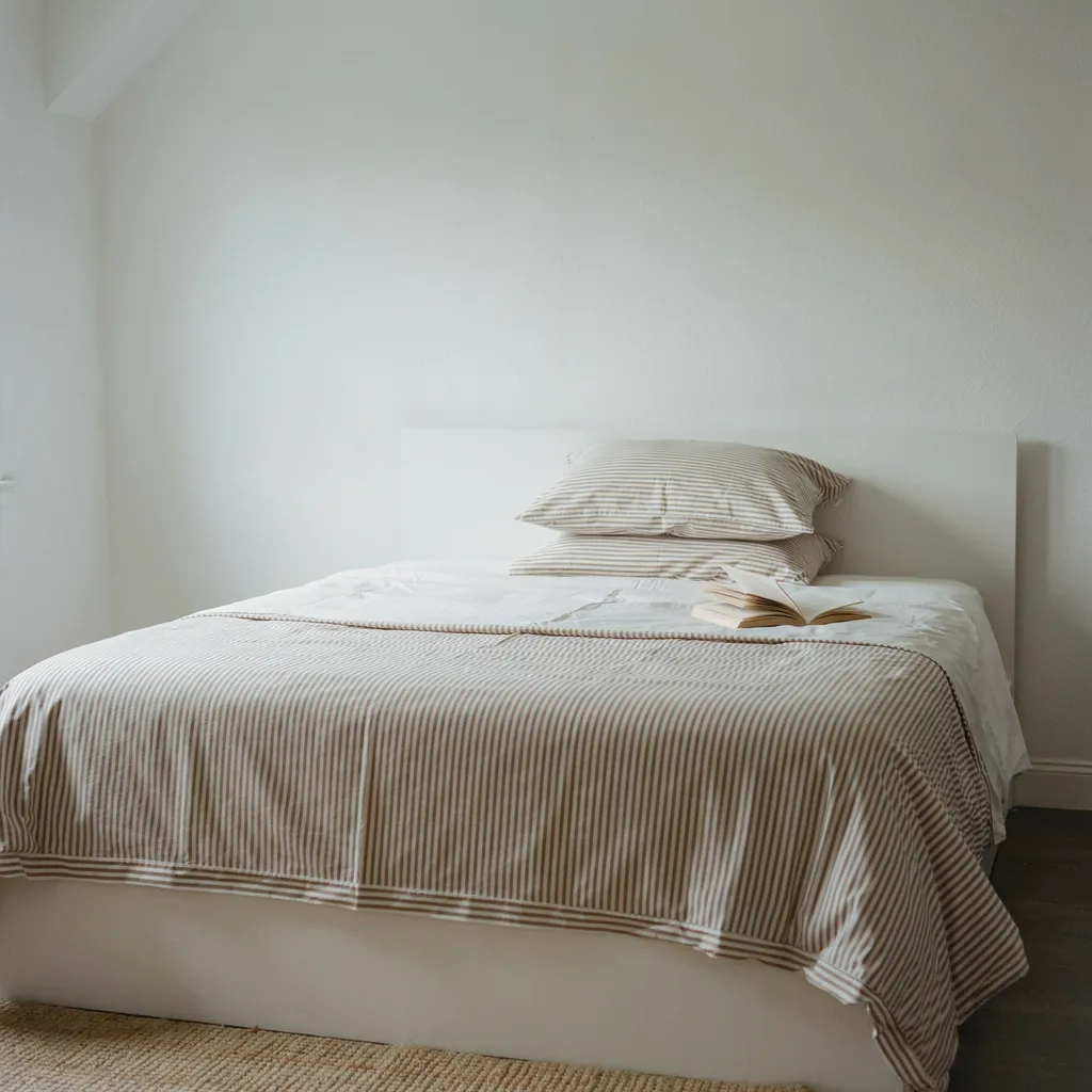 Thin-striped percale sheet set in white and sand on twin XL dorm bed with hotel-fold top sheet and matching striped pillowcases