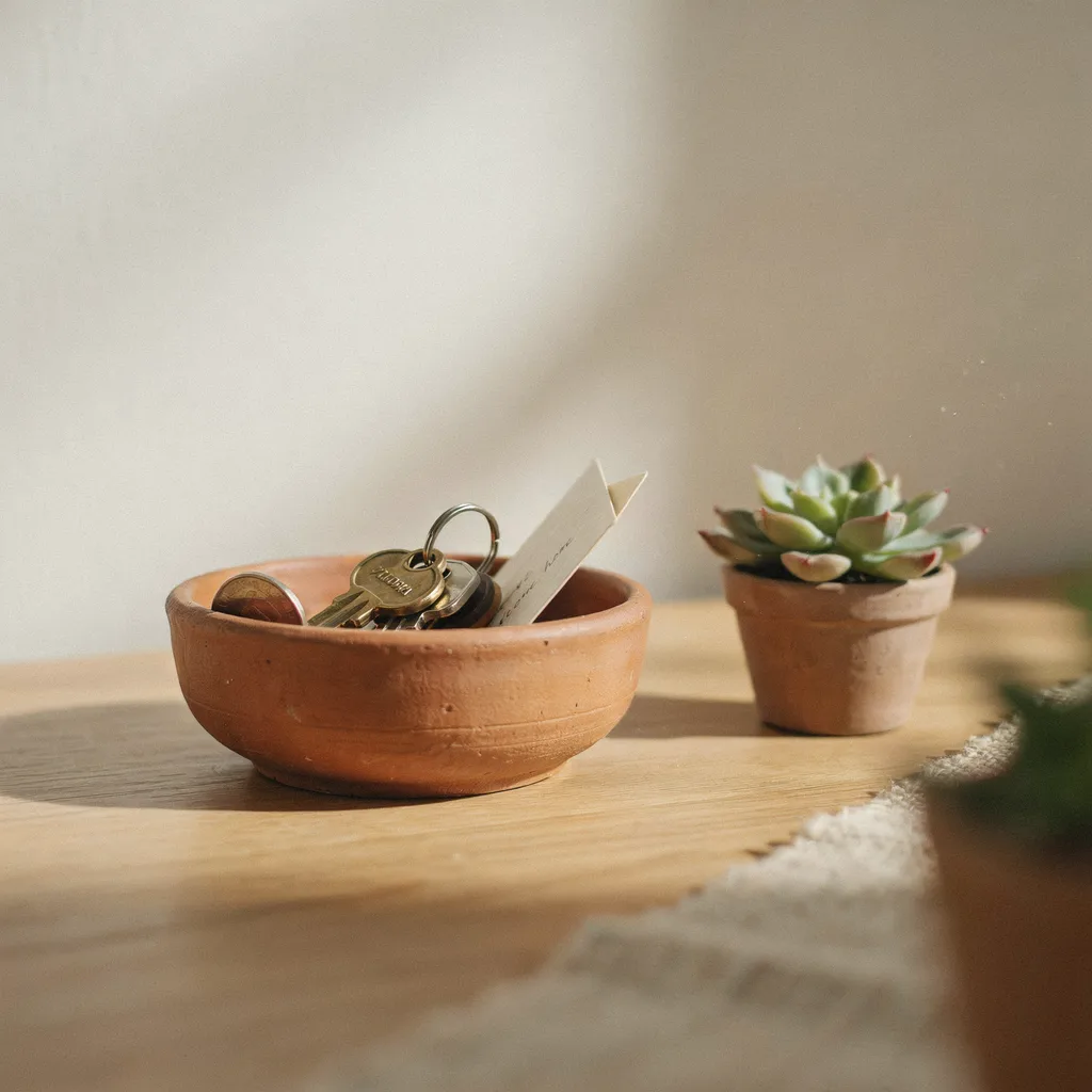 Raw terracotta catchall clay dish on natural wood console table
