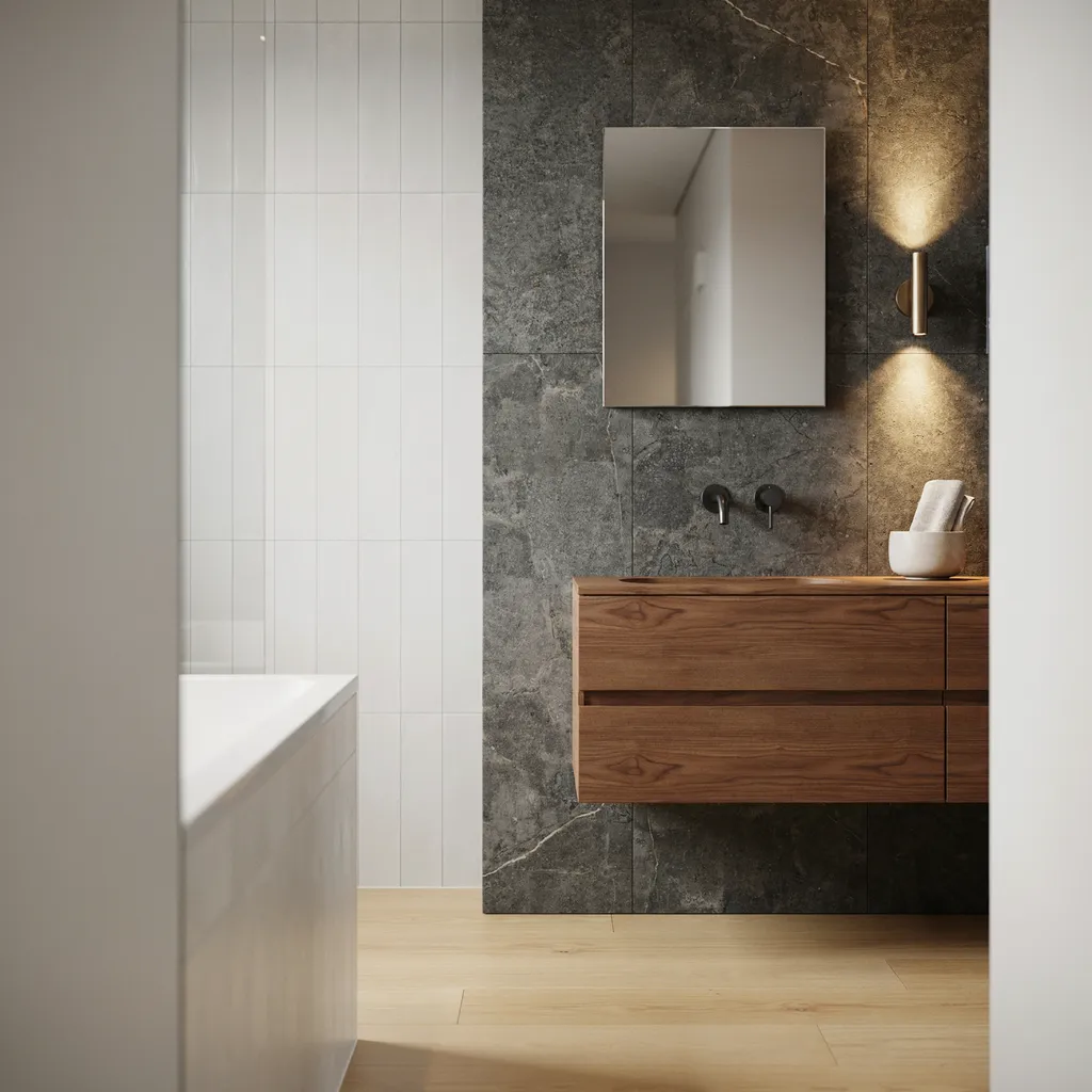 Sleek matte black linear floor drain set flush into large format charcoal porcelain tiles