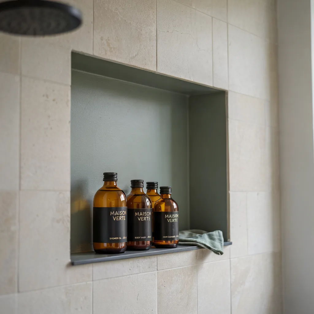 Sage green shower niche small bathroom