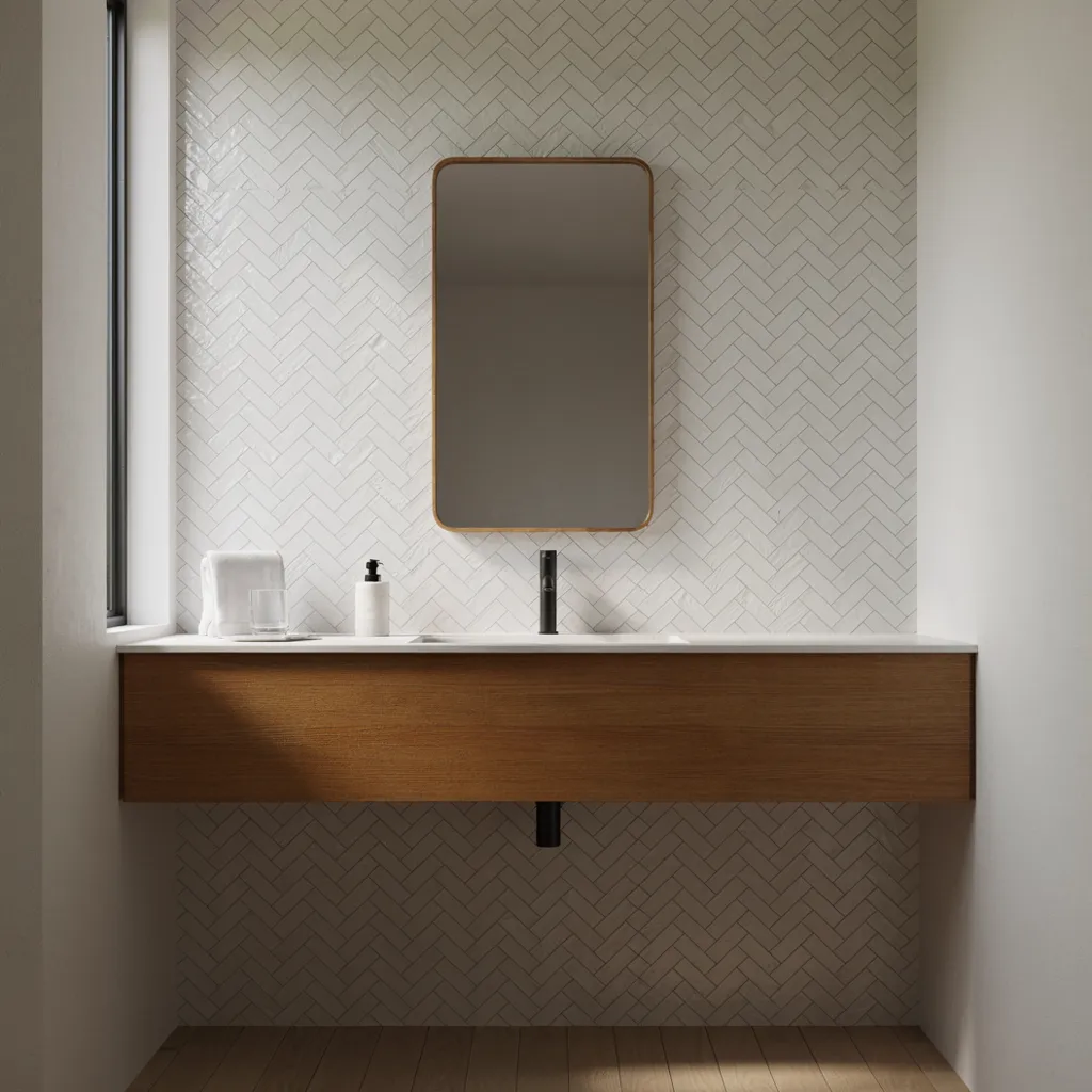 Floating walnut vanity in small bathroom