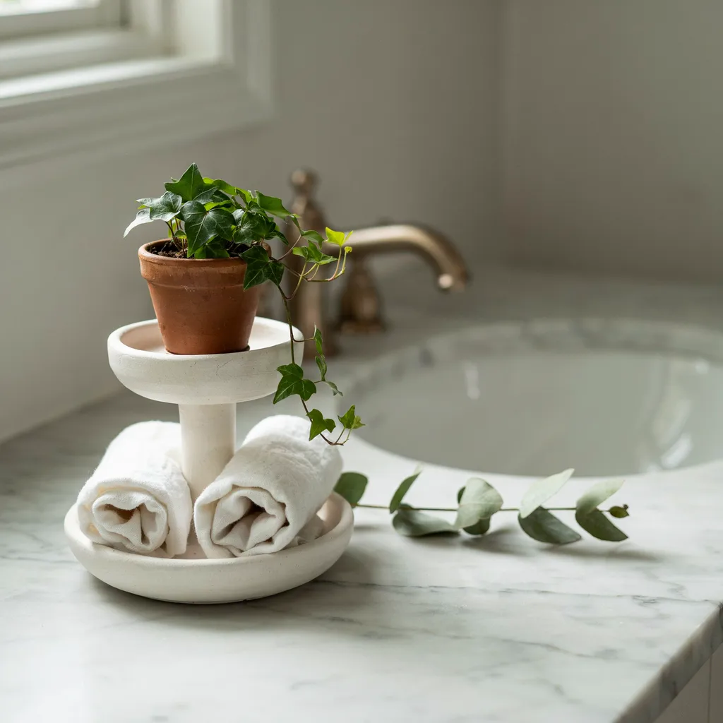 Two-tiered clay pedestal stand on a vanity
