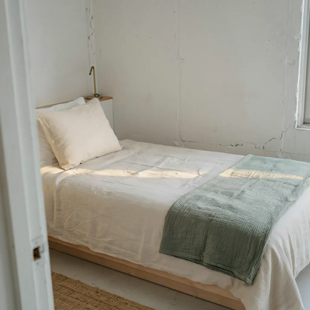 Cream twin XL dorm bed with sage green waffle blanket folded diagonally across corner