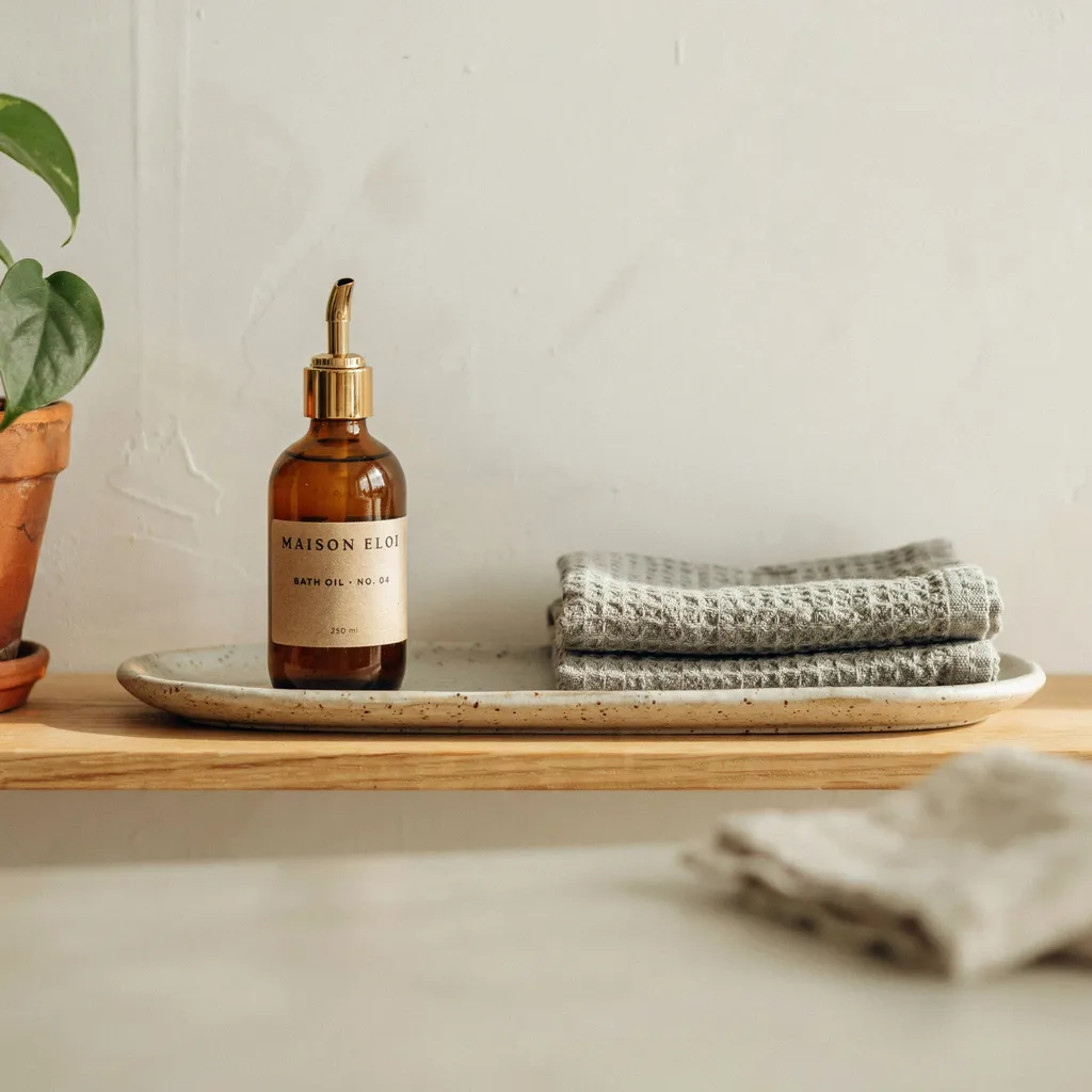 Speckled clay platter on a floating bathroom shelf