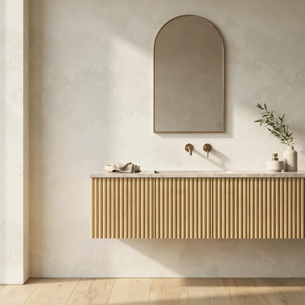 Fluted white oak vanity with stone countertop