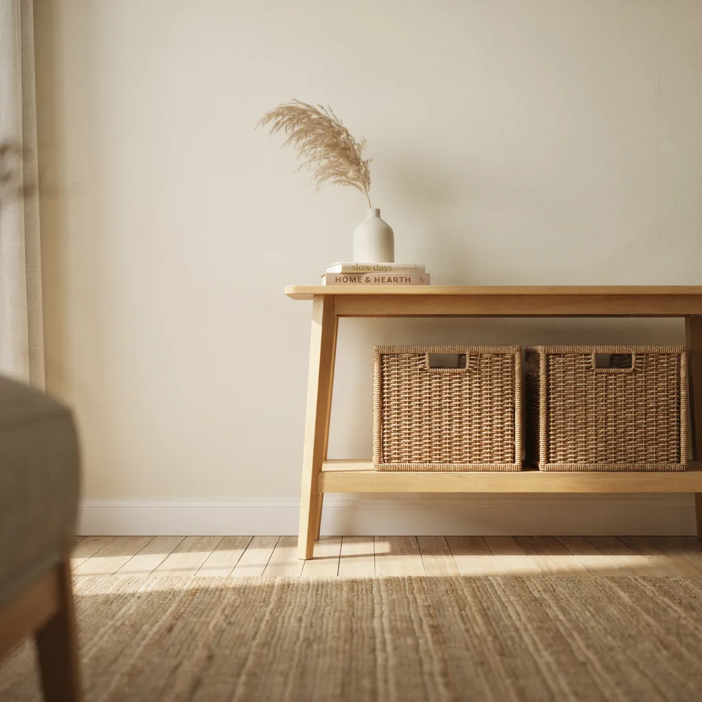 Natural rattan storage baskets under oak console table in cozy entryway