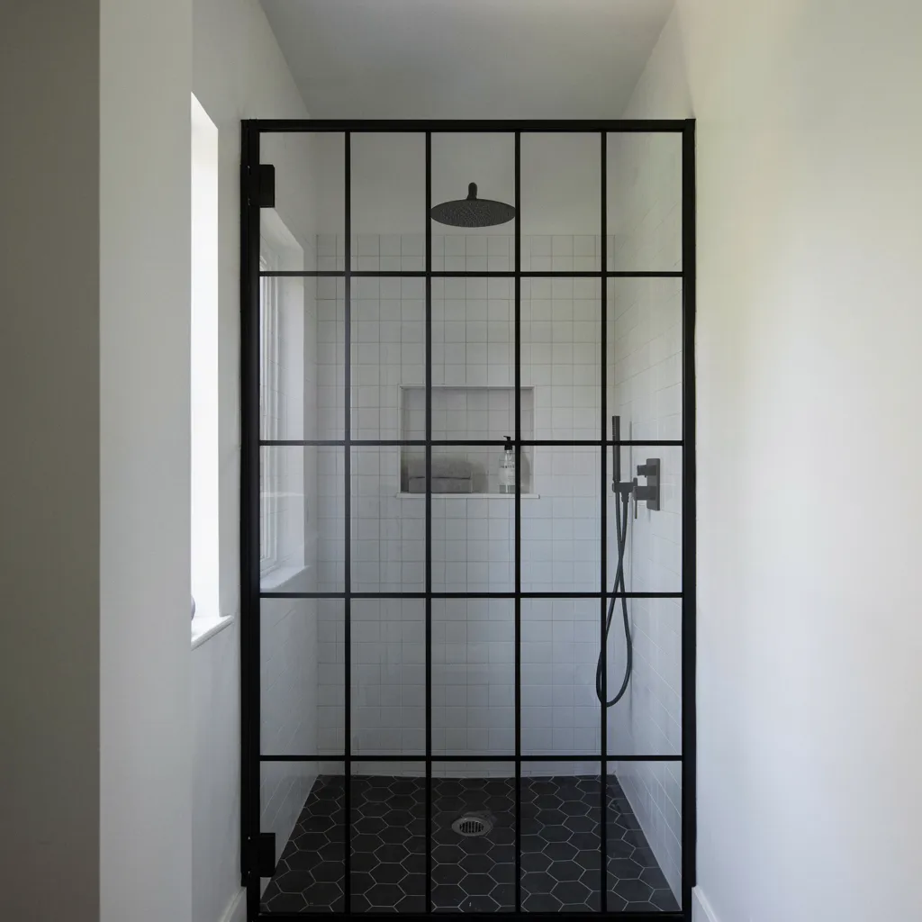Matte black hardware small bathroom shower