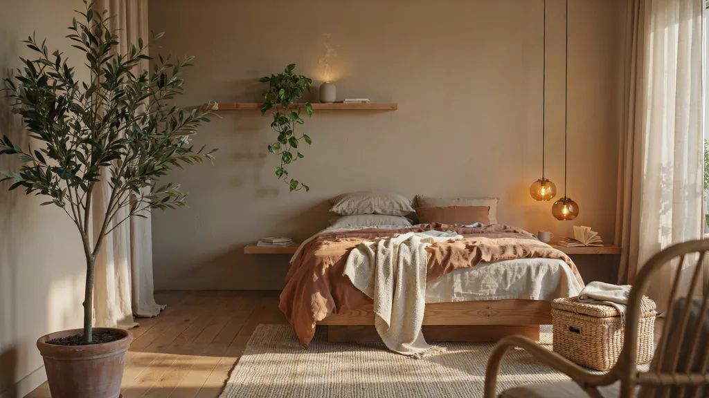 Cozy warm bedroom aesthetic with raw timber bed frame, terracotta linen bedding, amber glass pendant lights and indoor olive tree