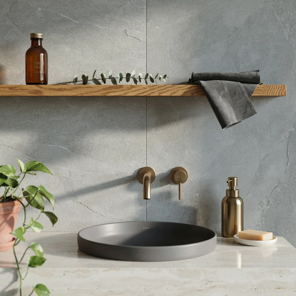 Vertical terracotta colored accent wall tiles with dark charcoal grout in a modern bathroom