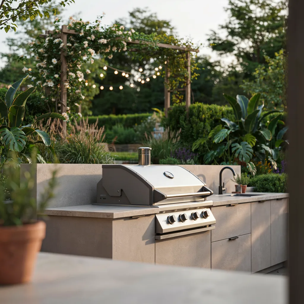 Flush-mounted stainless steel grill in concrete surround with greige porcelain countertop