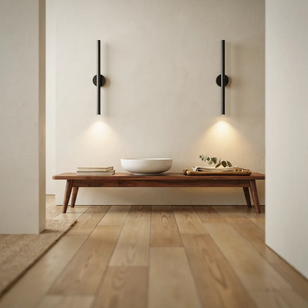 Double matte black wall sconces flanking console table