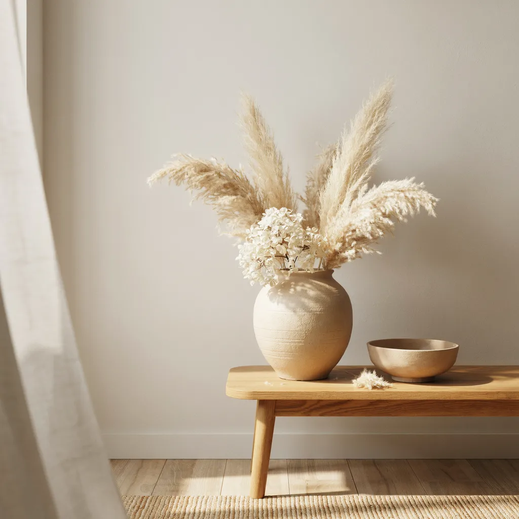 Stoneware vase with pampas grass and dried hydrangeas on console table