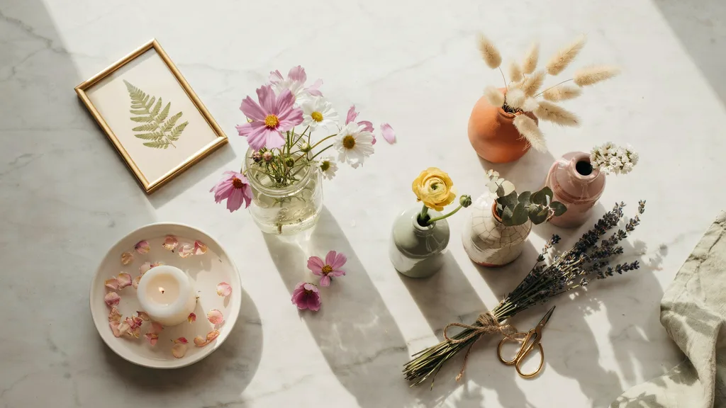 10 flower room decor ideas on a budget including mason jar wildflowers, dried pampas grass, bud vases, floating flower bowl, dried lavender bundle and pressed flower frame styled on white marble surface