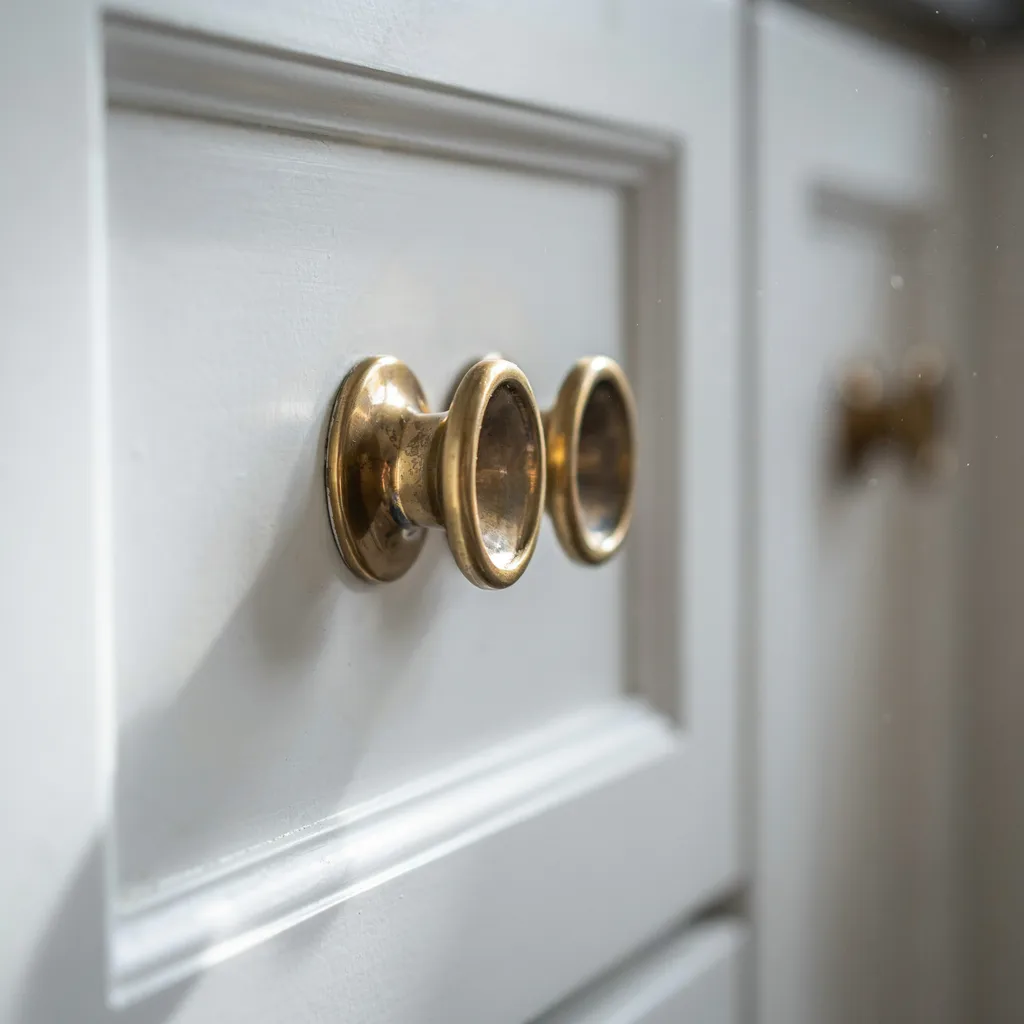 Unlacquered brass cabinet pulls on white shaker cabinets