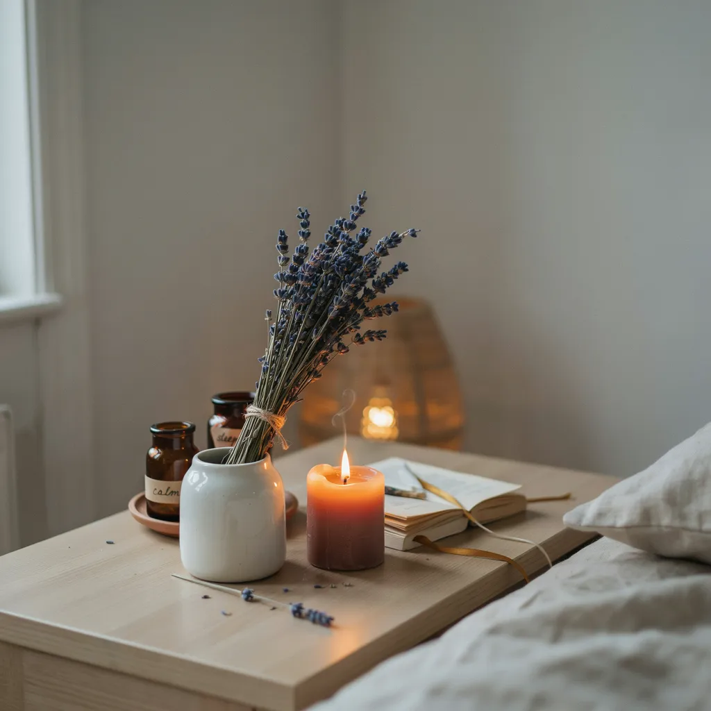 dried lavender bundle in white ceramic vase bedroom nightstand