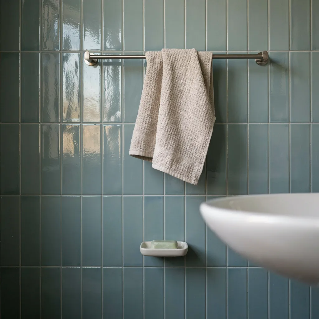 Sage green glass tile small bathroom wall