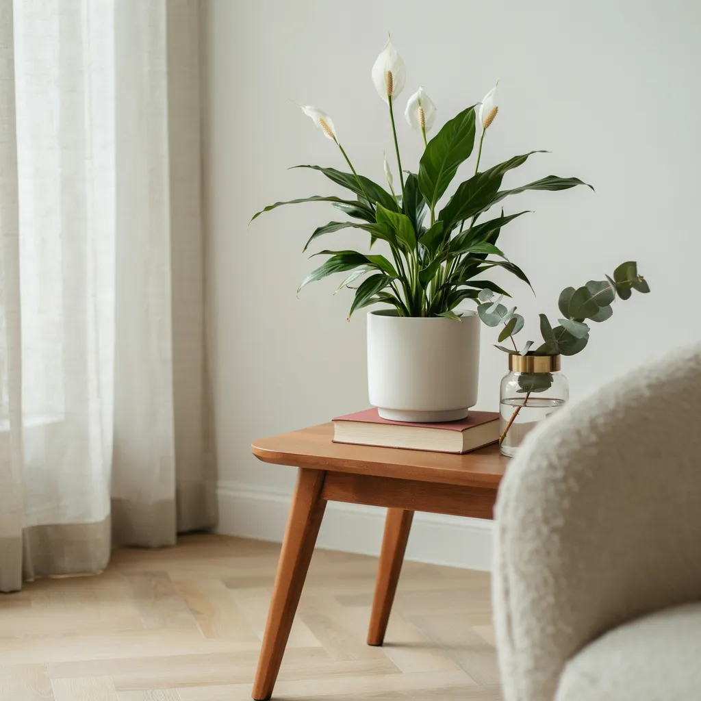 White peace lily plant for air purifying home decor